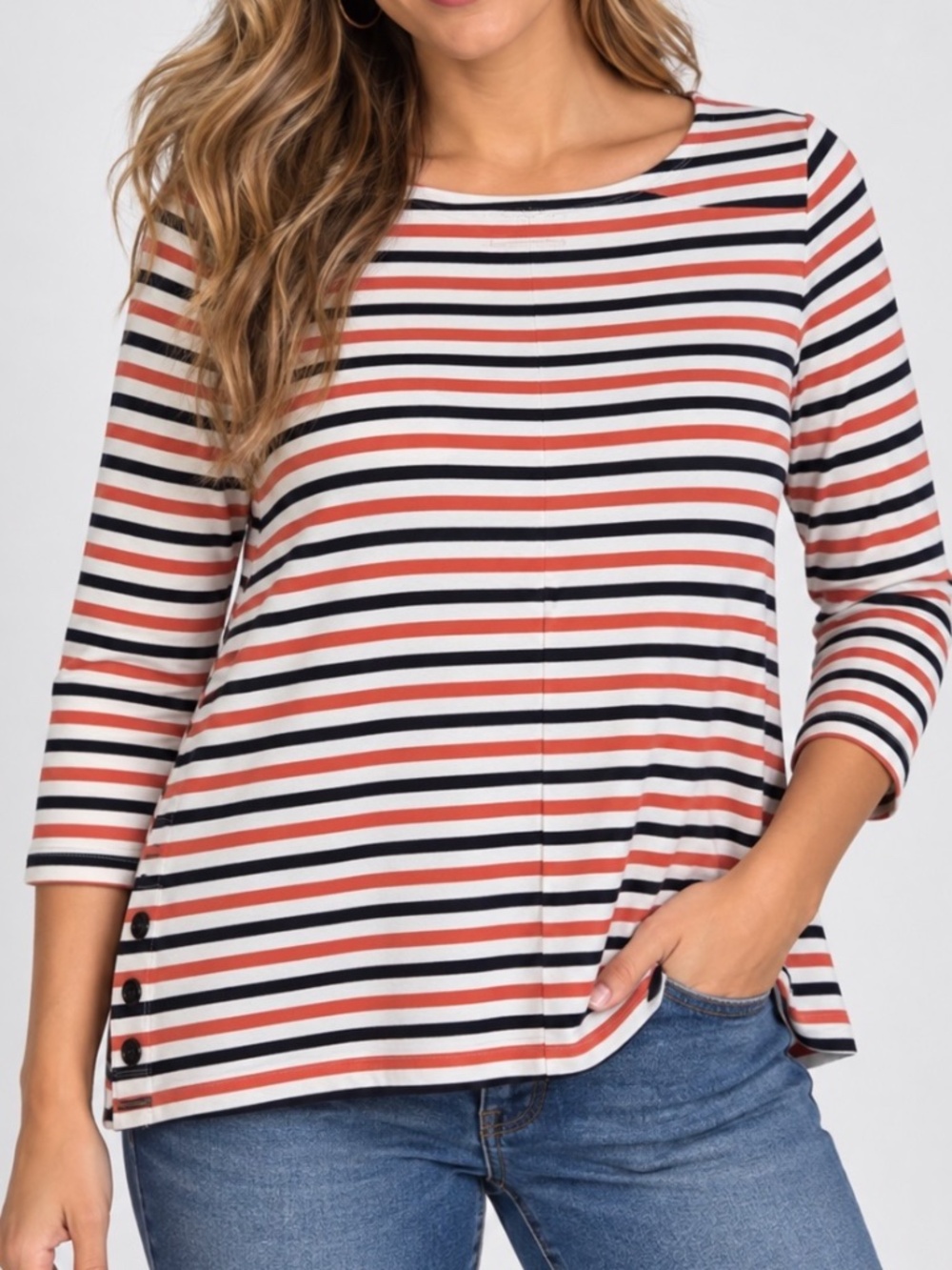 Talbots Shirt Womens Size Large Peach Blue Stripes Nautical Casual Cotton